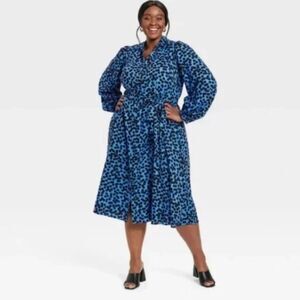 Ava & Viv blue polka dot maxi Tshirt blouse dress sundress 1X belt long sleeve
